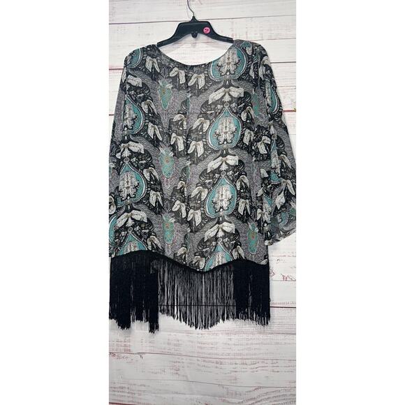 Blue & Black Paisley Fringe Trimmed Kimono Top - Picture 3 of 4